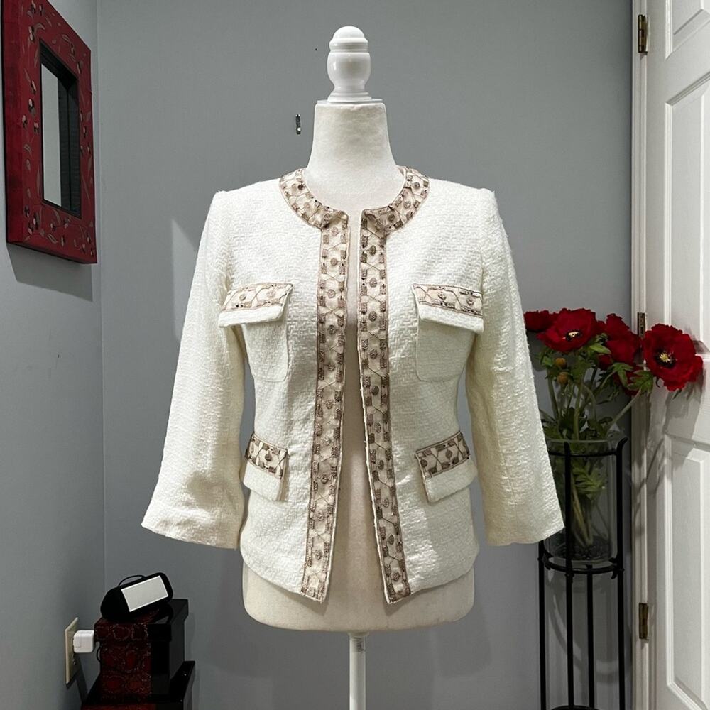 NEW Arden B Classic Tailored Organza Ribbon Beads Trim Contrast Pocket Jacket S